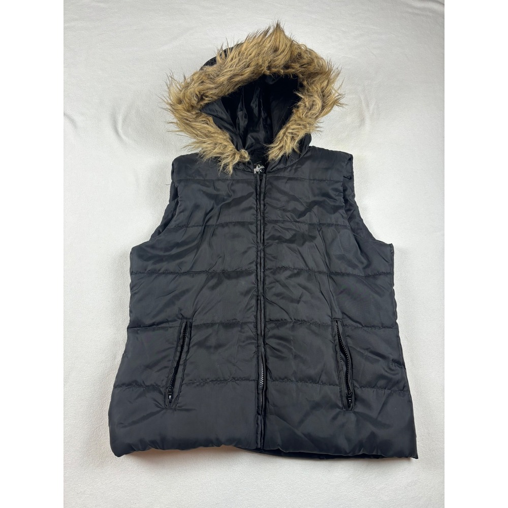 Beverly Hills Polo Club‎ Womens Black Puffer Vest Faux Fur Hood Large BHPC